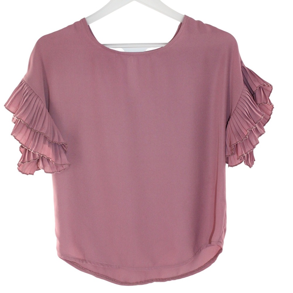 Mauve Ruffle Sleeve Blouse Pleated Tiered Sleeve Keyhole‎ Back Large